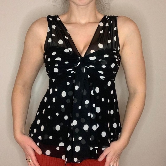 Vintage🧚♀️ Bellissima Black/White Y2K Polka Dot Bodydoll Blouse Size 12 - Picture 3 of 17